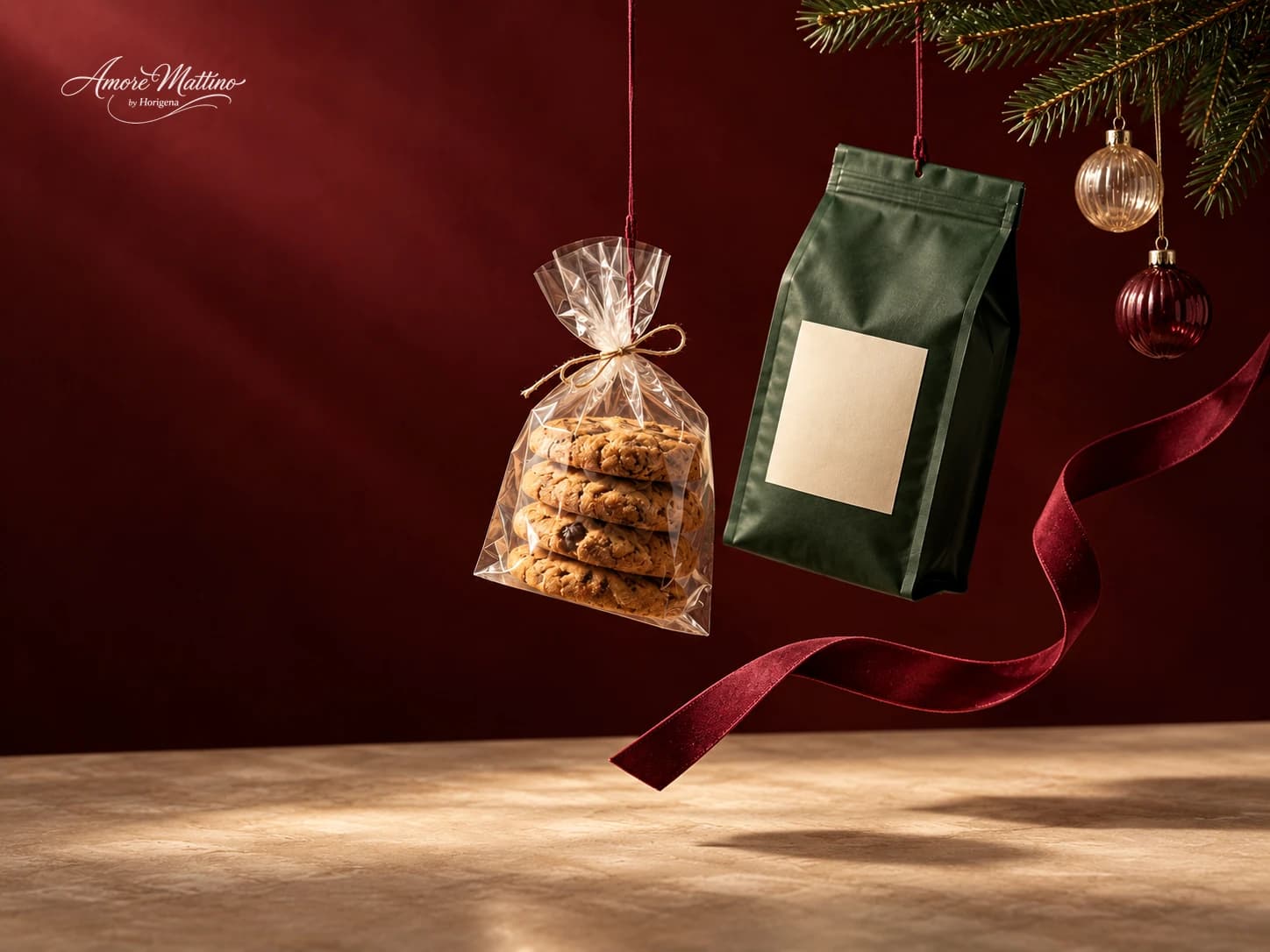 Café y galletas suspendidos junto a adornos navideños y una cinta borgoña.